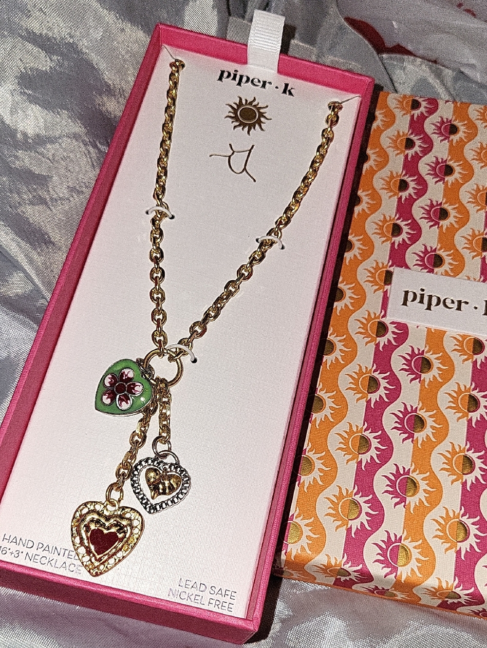 piper K Heart Charm Necklace with Green and Red Heart Charms Bnib Ta